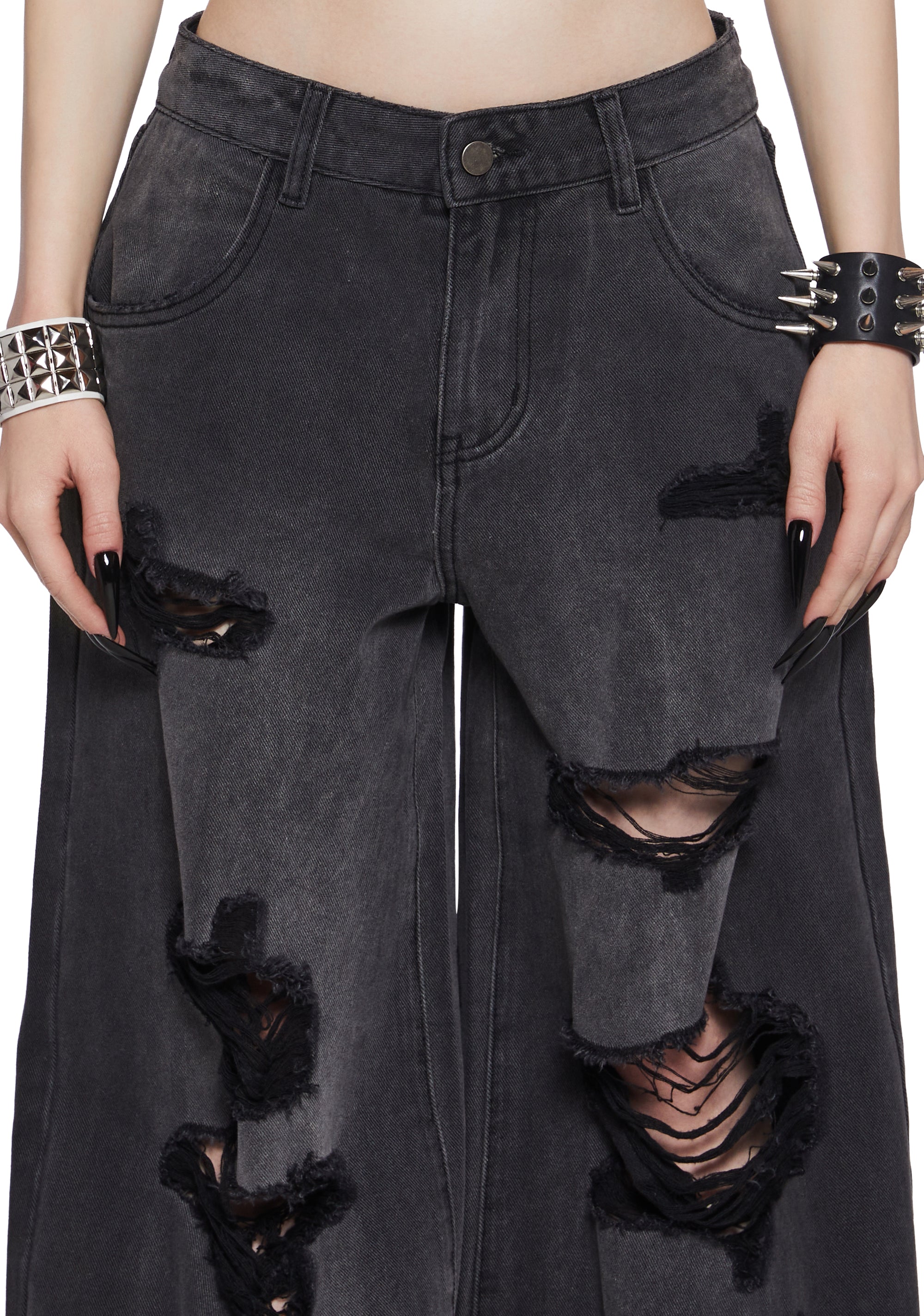 Sinful Attitude Wide Leg Jeans - Distressed Grey